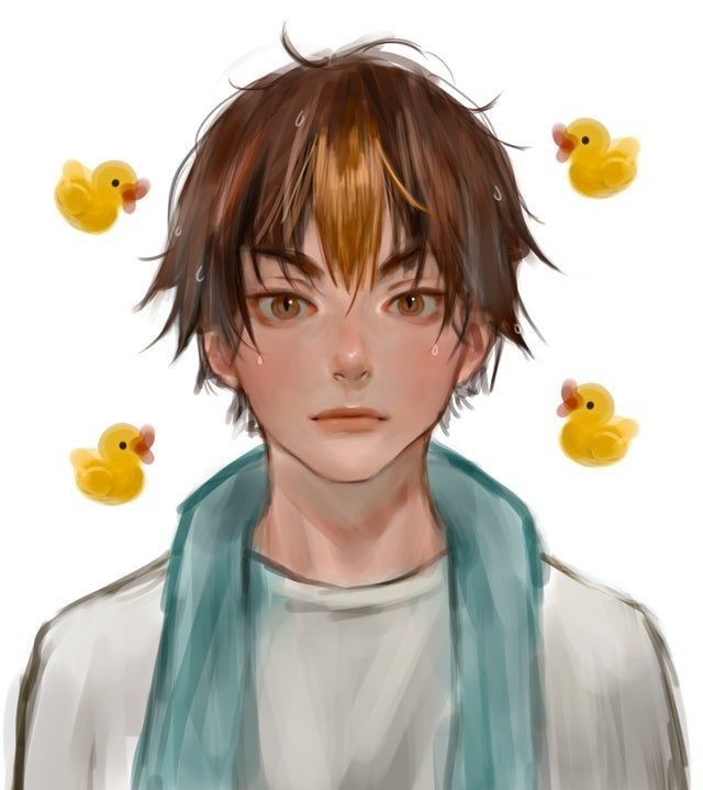 a drawing of a boy with some rubber ducks on his head in front of him