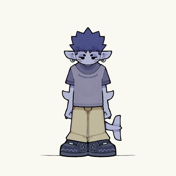 an image of a cartoon character with blue hair and brown pants, standing in front of a