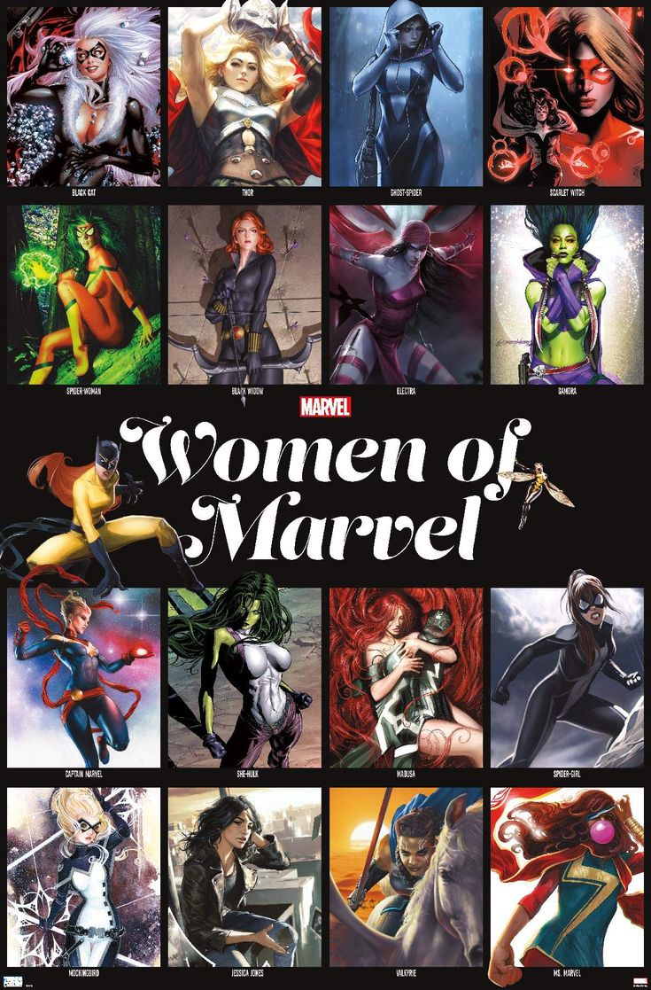 an image of women of the dc comics poster with many different characters and colors on it