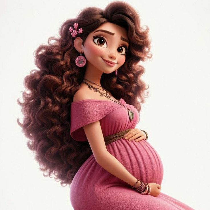 a pregnant woman in a pink dress with long hair