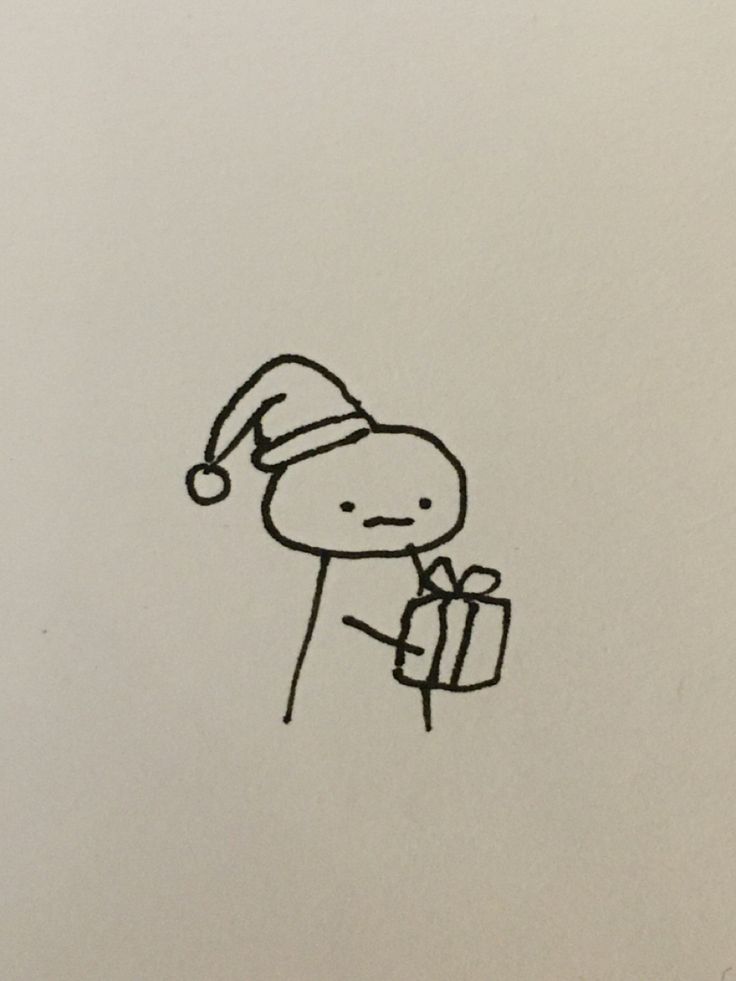 a drawing of a person wearing a santa hat and holding a gift box in one hand