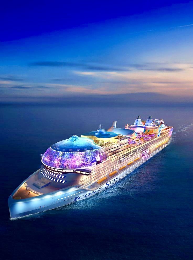 the royal caribbean international cruise ship is shown in this aerial photo, and it's lit up at night