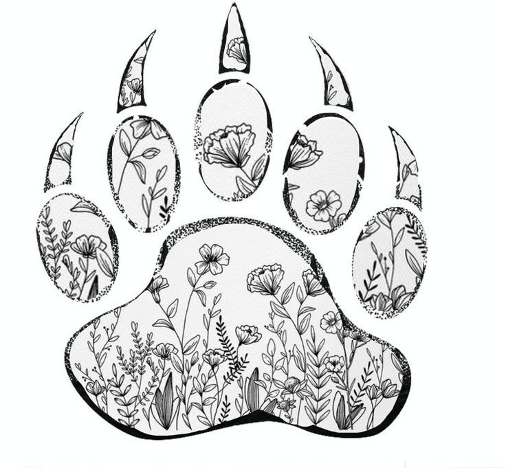 an animal's paw is shown with flowers and leaves on the bottom half of it