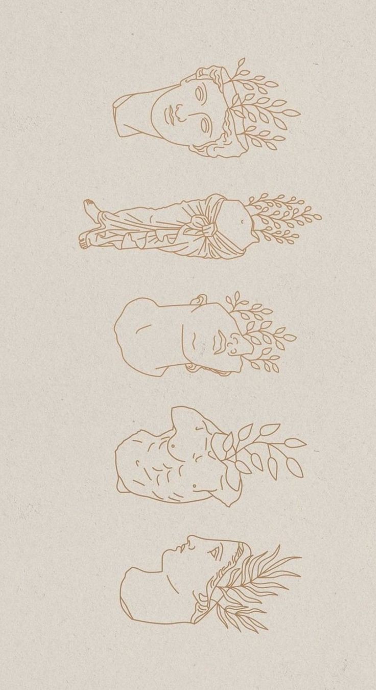 three drawings of people with flowers in their hair, and one drawing of a woman's head