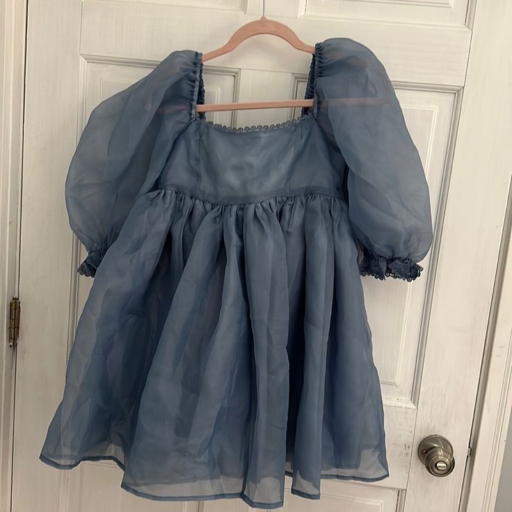 Baby Doll Dress In Blue Brand Mable Brand With Tags On Baby Doll Dress For Women, Blue Babydoll Dress, White Off Shoulder Dress, Clothes Board, One Sleeve Dress, Aritzia Dress, Sleeveless Lace Dress, Baby Doll Dress, Baby Doll Clothes