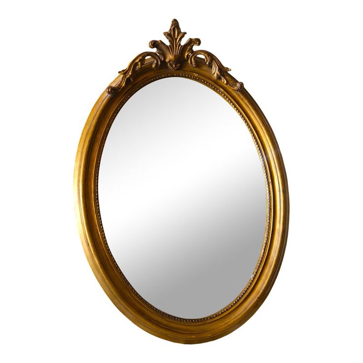 an oval gold framed mirror on a white background