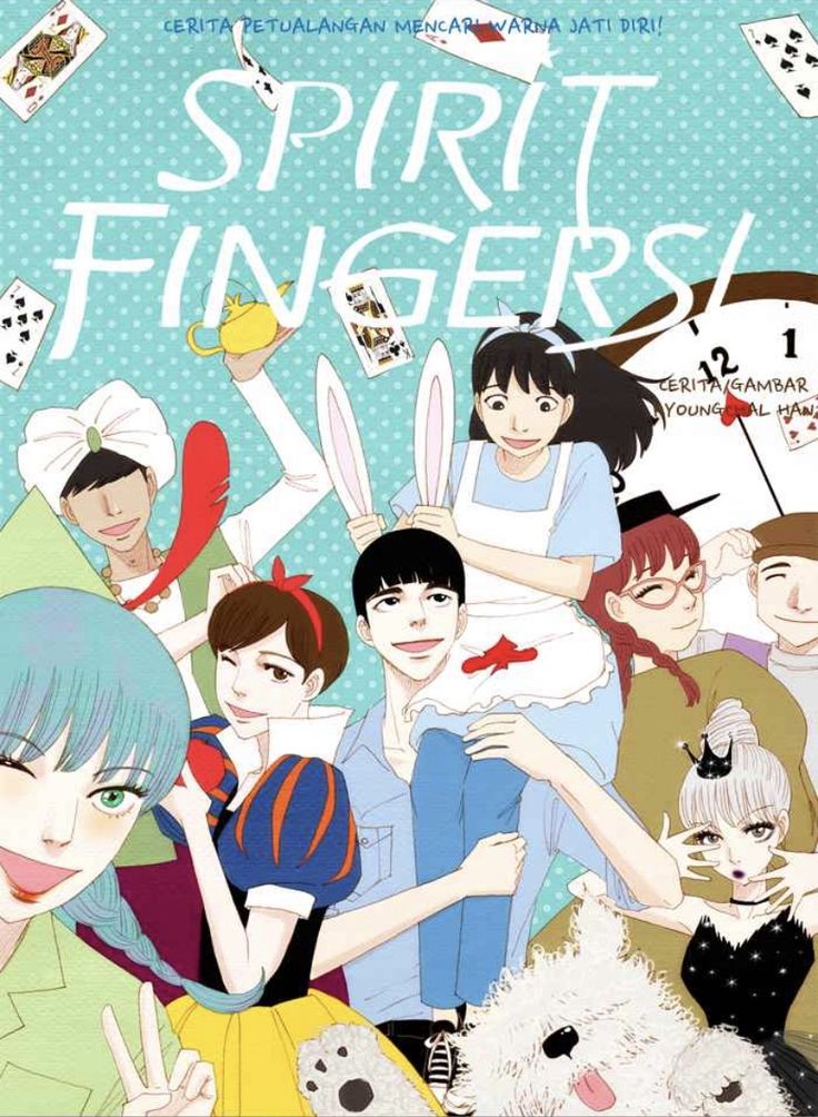 an anime poster with many people and animals around the characters, all holding up their hands