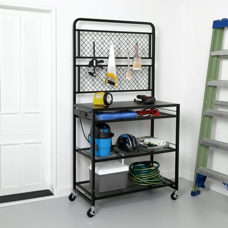 a metal shelf with various items on it and a ladder in the corner next to it