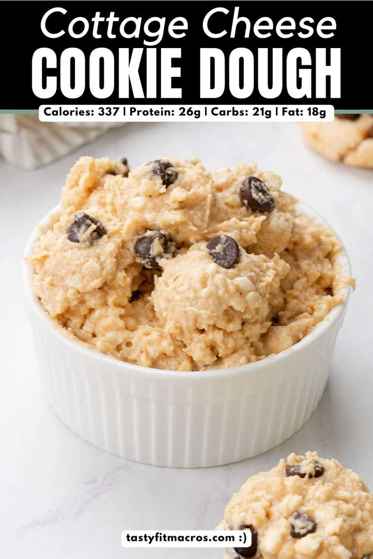 cookie dough in a white bowl with chocolate chips on top and text overlay that reads cottage cheese cookie dough