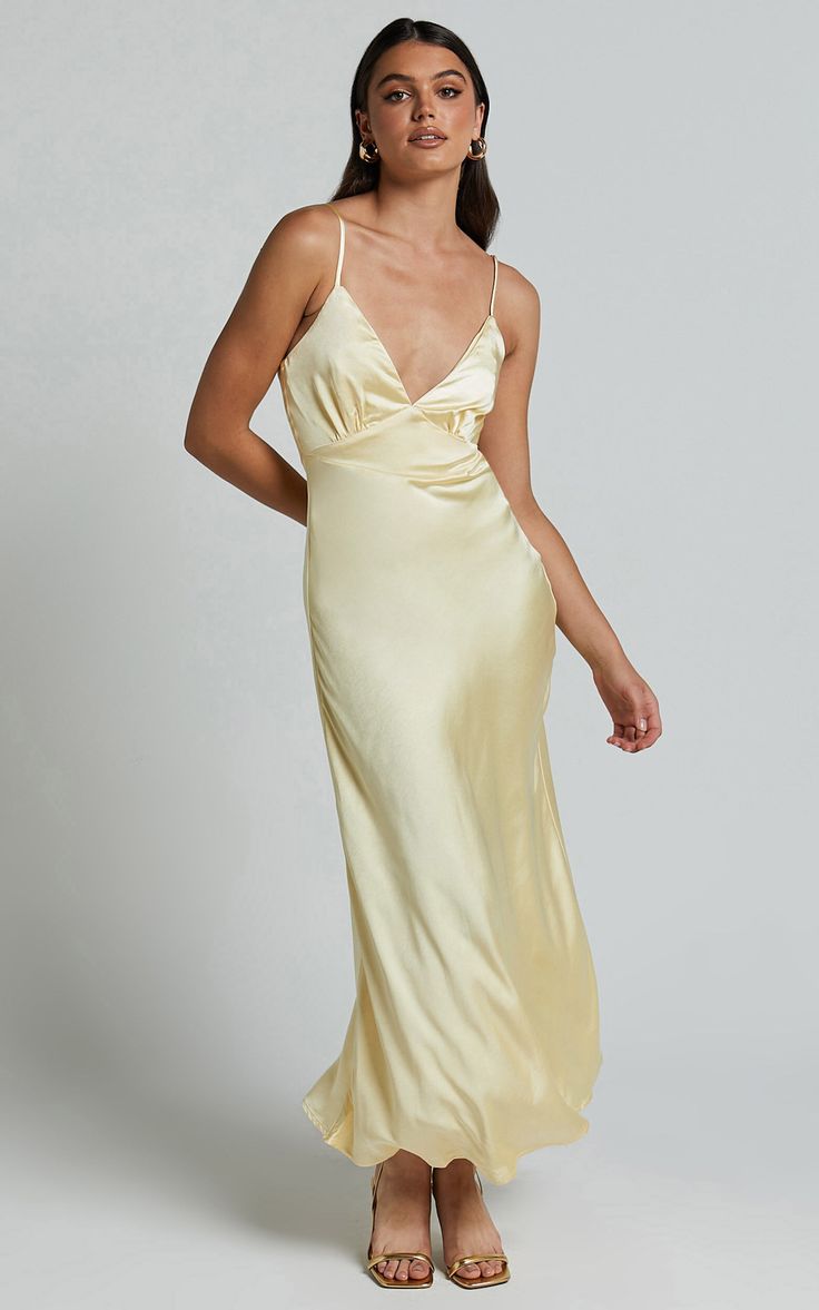 Lorenzia Maxi Dress - Plunge Corset Underbust Detail Satin Dress in Lemon Formal Yellow Dress Long, Chic V-neck Slip Dress For Formal Occasions, Evening V-neck Backless Dress With Fitted Bodice, Evening V-neck Dress With Corset Back, Elegant Ruched V-neck Backless Dress, Ruched V-neck Slip Dress For Night Out, Elegant V-neck Slip Dress For Wedding, Fitted V-neck Dress With Sweetheart Neckline For Night Out, Elegant Ruched V-neck Dress For Date Night