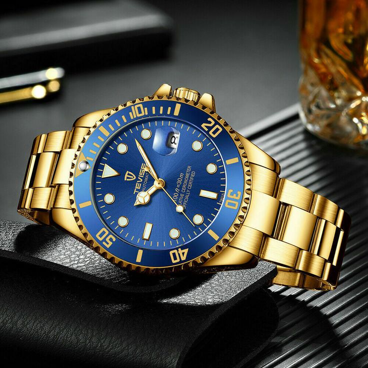 TEVISE Men Automatic Mechanical Submariner Homage Wrist Watch Diver BLUE & GOLD Calendar Date, Paper Gift Box, Watch Faces, Dive Watches, Watch Movement, Watch Sale, Mechanical Watch, Wrist Watches, Diver