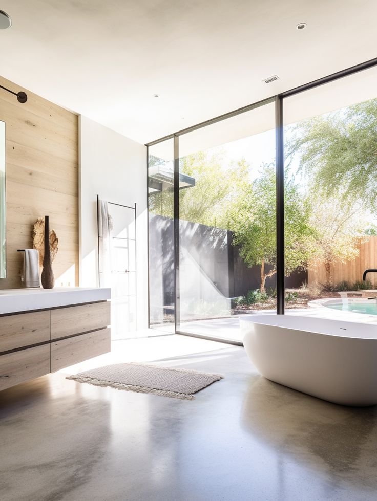 a bathroom with a large bathtub next to a sink and a window that looks out onto the backyard