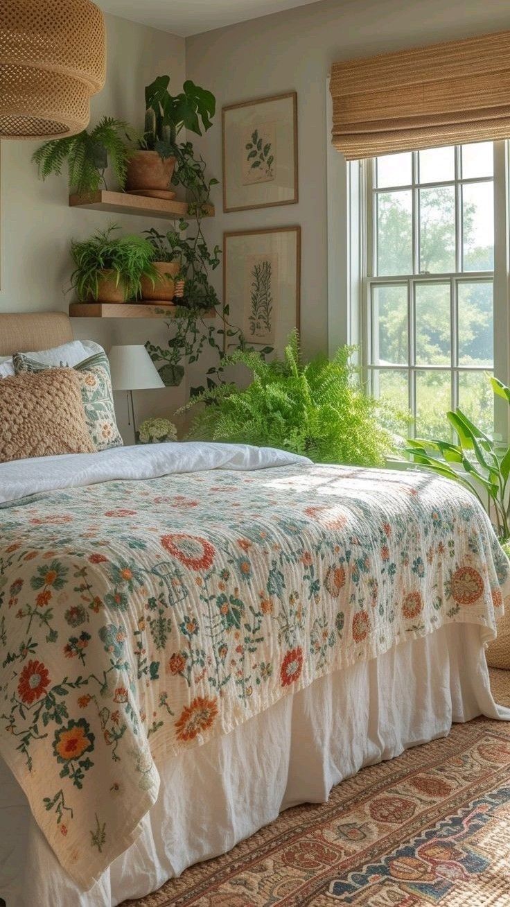 a bed sitting in a bedroom next to a window with potted plants on it