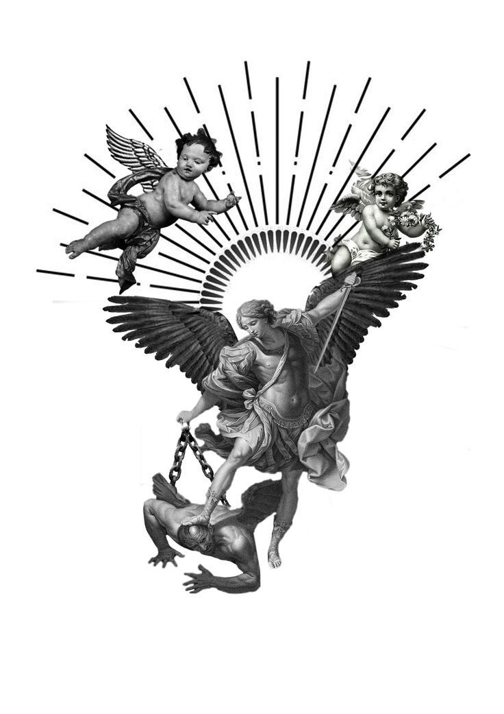 an artistic drawing of angels with chains around their necks and wings, on a white background