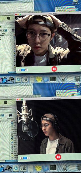 two pictures of a man with headphones and a microphone in front of the same screen