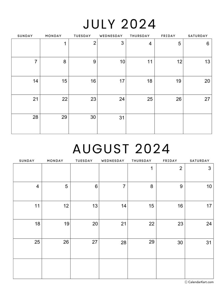 two calendars for july and august, with the same date on each one page