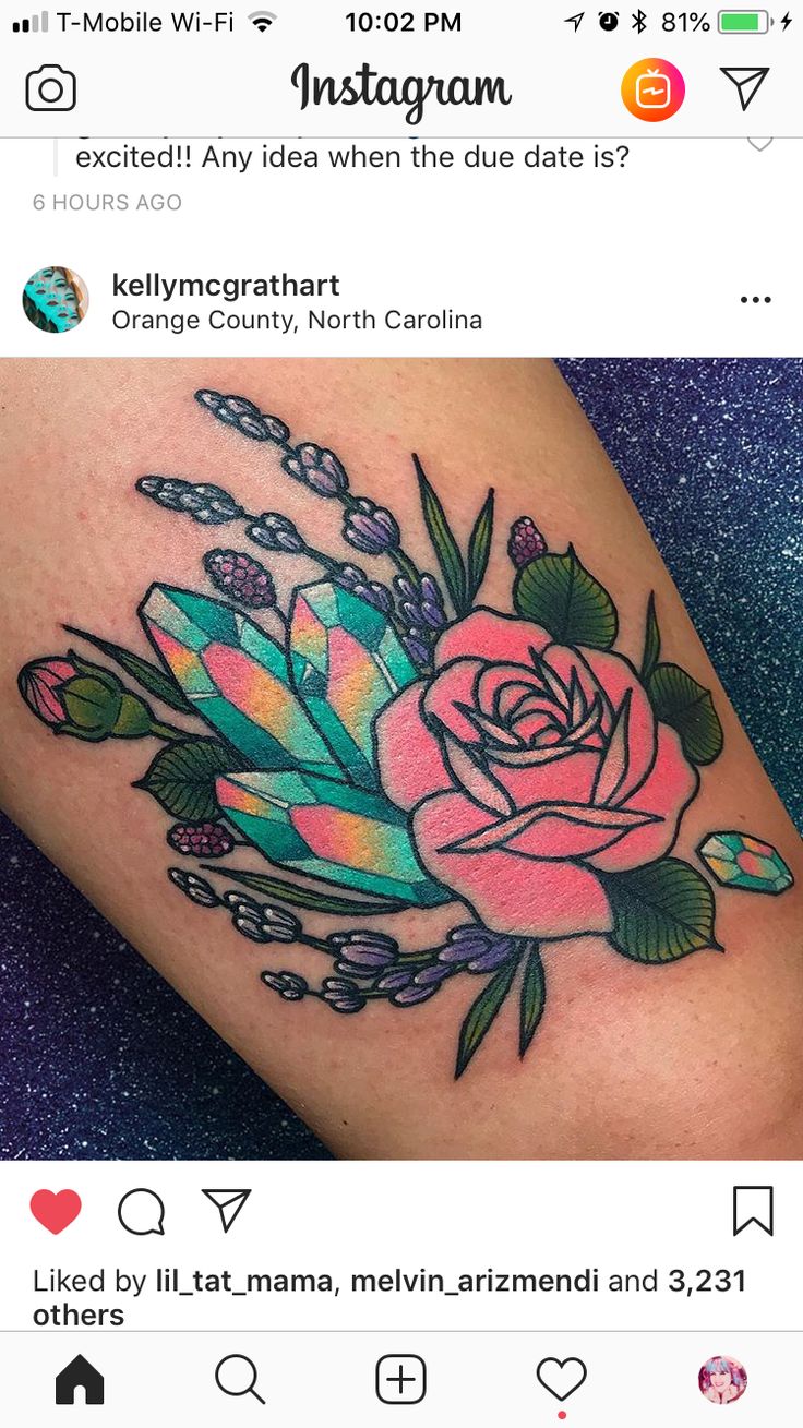 a pink rose tattoo on the left side of her leg, and an instagram