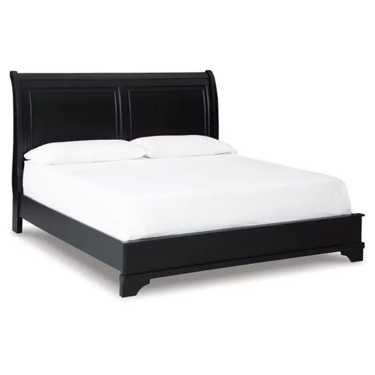 a black bed frame with white sheets and pillows on the headboard, in front of a white background