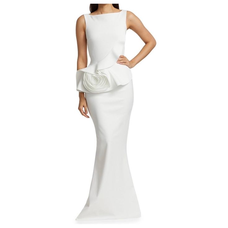 Only At Saks. A Chic Fit-And-Flare Jersey Gown Featuring A Statement-Making Rosette Detail At Its Peplum Waist Sleeveless Boat Neck, Three-D Rose Waist, Peplum Gown. Boatneck Sleeveless Pull-On Style Jersey Polyamide/Elastane Hand Wash Made In Italy Msrp $1090 Size & Fit About 65" From Shoulder To Hem Condition: New With Tags.Purchased From A High End Fifth Avenue Store. Blackline On Inside Label Done By The Department Store To Prevent Illegal Store Return. Peplum Wedding Dress, Rosé Waist, Peplum Maxi Dress, Peplum Gown, Chiara Boni, One Shoulder Gown, Column Gown, Column Dress, Floor Length Dresses