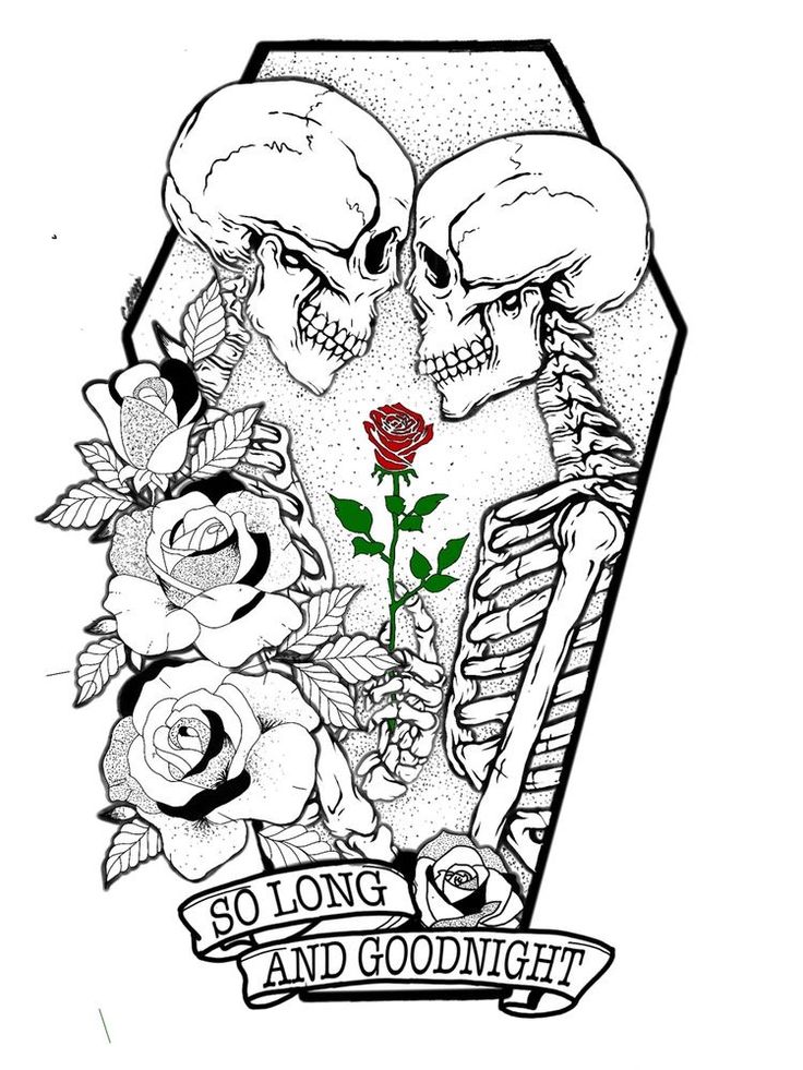 two skulls with roses on their chest and the words solonce and goodnight written in black ink