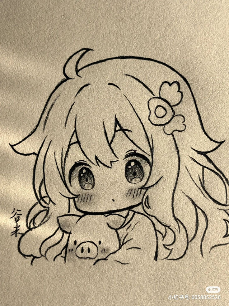 a drawing of a girl holding a teddy bear in her lap and looking at the camera