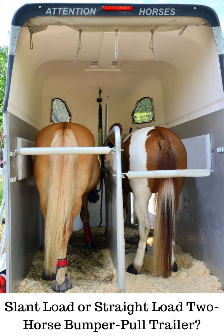 two horses standing in the back of a trailer with text overlay that reads, slant load or straight load two horse bumper - pull trailer