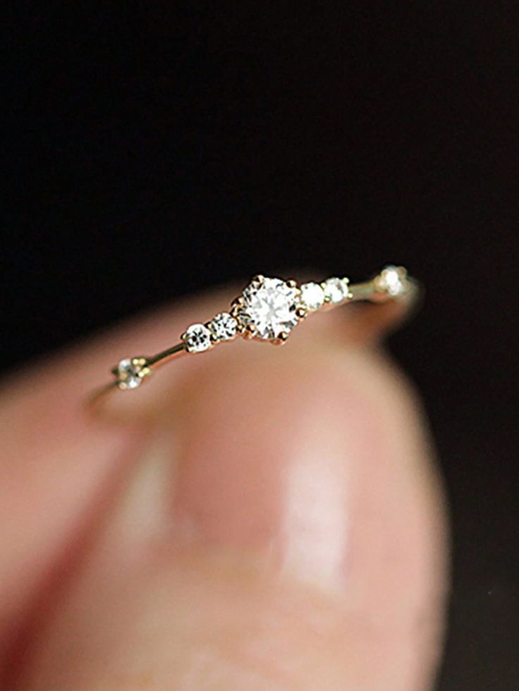 a close up of a person's finger with a diamond ring on top of it