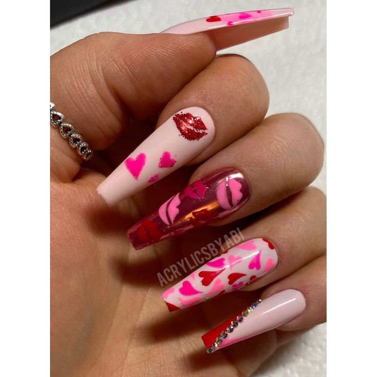 acrylics by abs X on Instagram: “💗Love is in the nails...💘 Poll nails!! you voted for: long, coffin, pinks&red, glitter, all out nail art, gems and hearts&lips❣️💋 How…” Done With Love, Vday Nails, Celebrity Nails, Drip Nails, Cute Nail Art Designs, Colored Acrylic Nails, Coffin Nails Long, Long Square Acrylic Nails, Bling Acrylic Nails