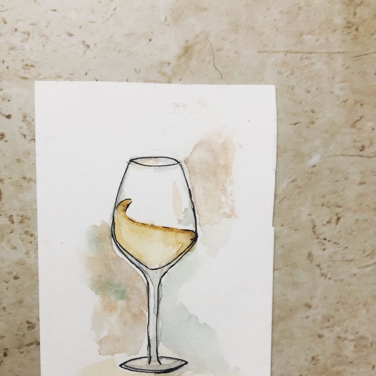 a watercolor painting of a glass of white wine on a paper with a brown background