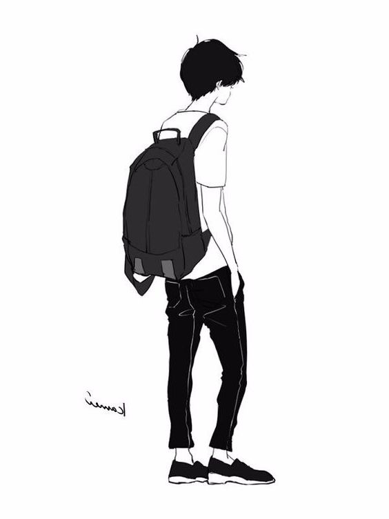 a drawing of a person with a backpack on their back and one hand in his pocket