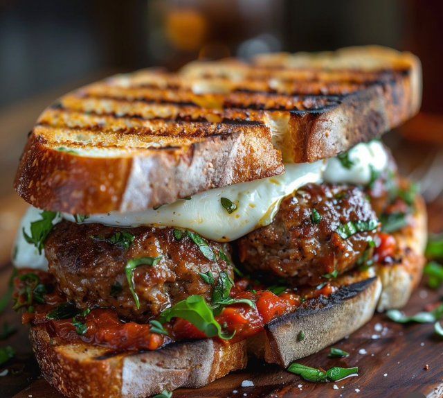 a meatball sandwich with tomato sauce and melted cheese on toasted bread, sitting on a cutting board