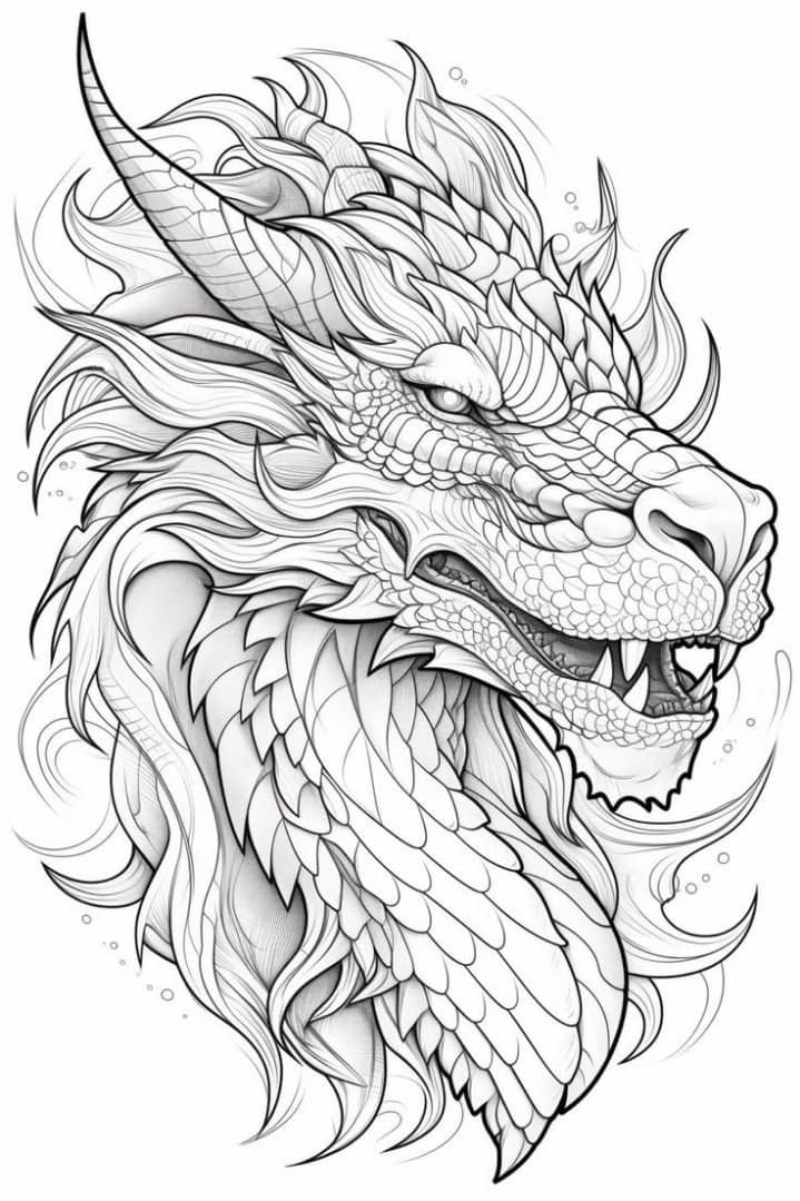 the head of a dragon with long, wavy hair and large fangs on it's face