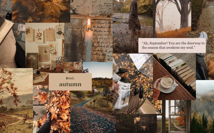 there is a collage with autumn pictures and words on it that include trees, leaves, candles, books, letters, and other things