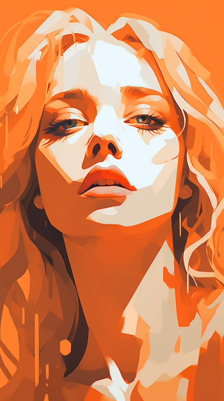 a digital painting of a woman's face in orange and white colors, with her eyes closed