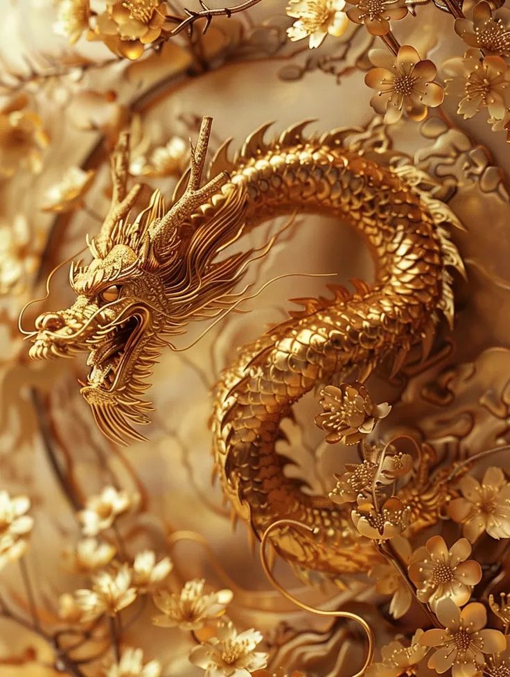 a golden dragon statue sitting on top of a wooden table next to flowers and branches