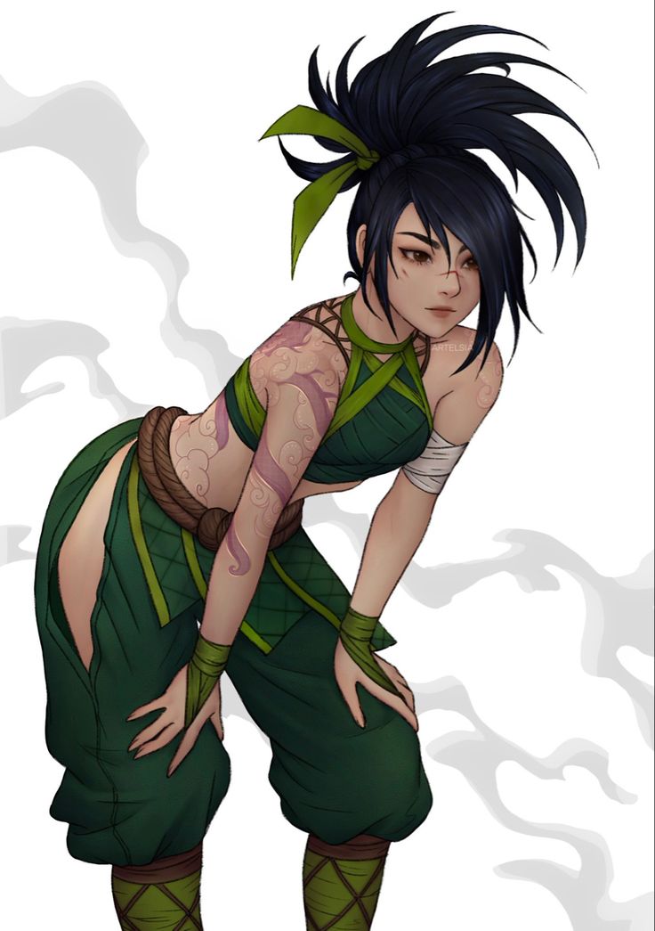 a drawing of a woman with tattoos on her body and black hair wearing green pants