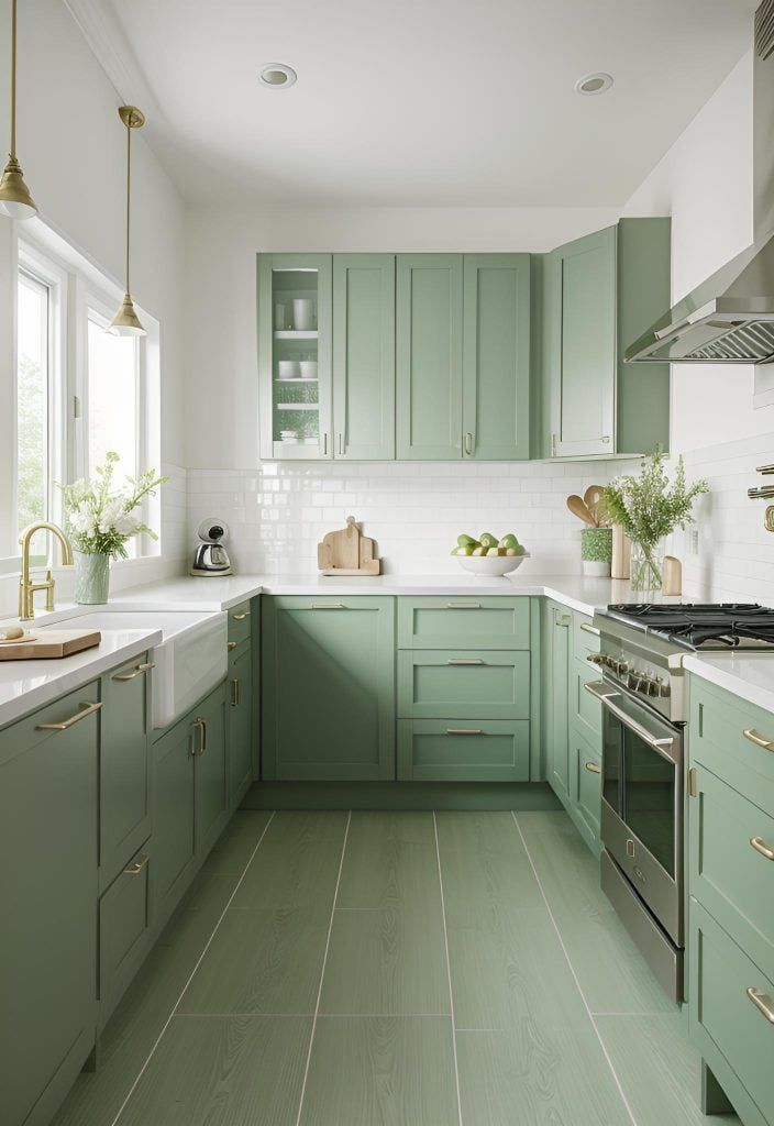 a kitchen with green cabinets and white counter tops