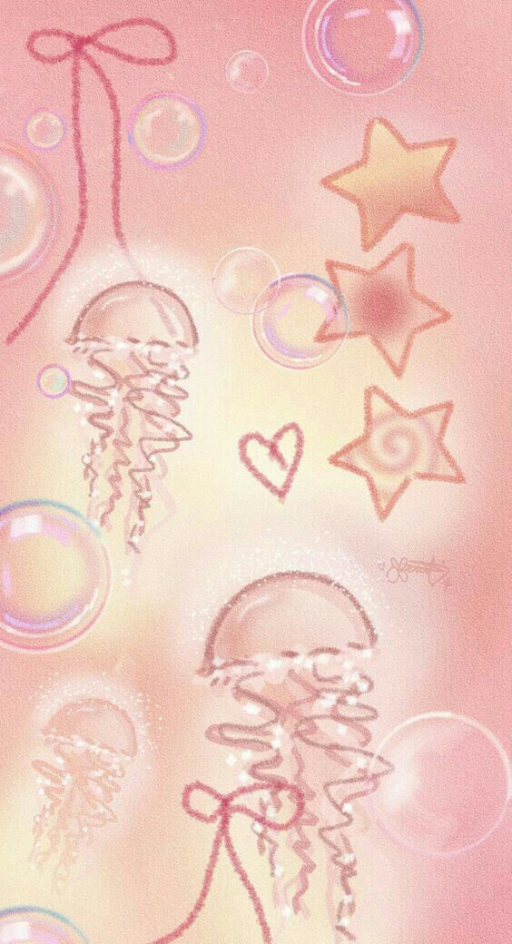 an image of bubbles and jellyfishs with stars in the sky on pink background