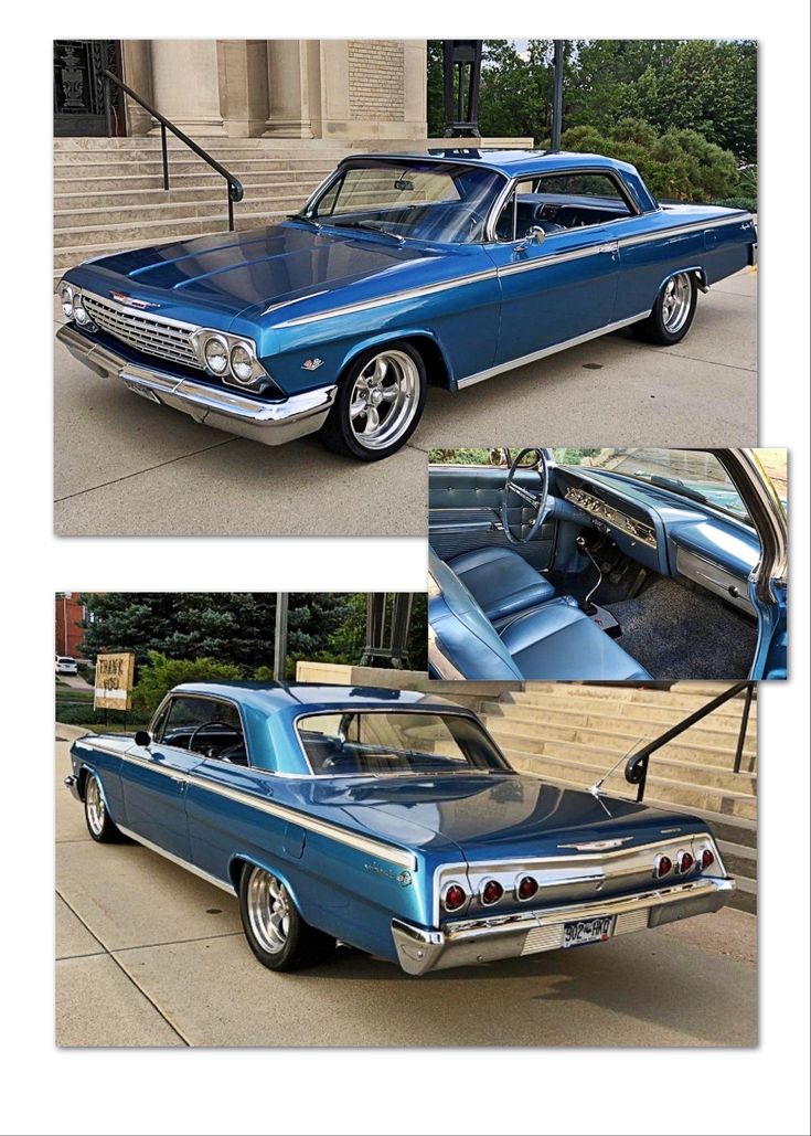 two pictures of an old blue car parked in front of a building with stairs and steps leading up to it