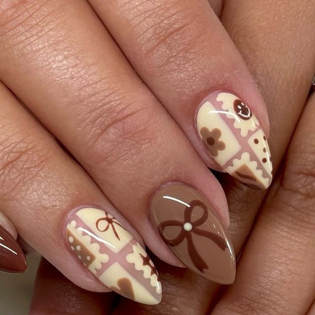 Alyssa | Ohio Natural Nail Tech on Instagram: "fall nails are here… i’m scared 🙈👢🍪  inspo: @nailsbybryn !!  @madam_glam @luminary_nail_systems" Different Colored Fall Nails, Thanking Nail Ideas, Cute Fall Natural Nails, Subtle Cute Nails, Short Brown Christmas Nails, Fall Nails Coquette, Fall Mix And Match Nails, Pink And White Fall Nails, Fall Nail Vibes