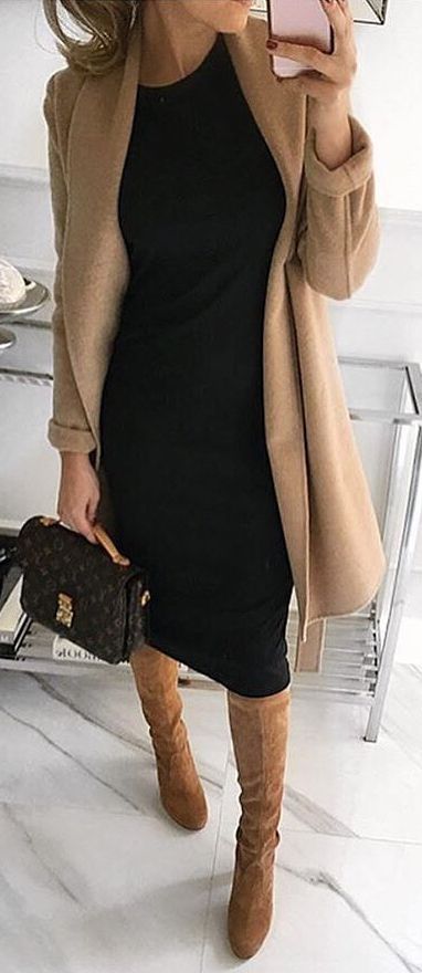 Fall Outfits 2017, Fall Fashion Coats, Fall Trends Outfits, Outfits Black, Mode Casual, Outfit Black, Outfit Trends, Camel Coat, Black Women Fashion