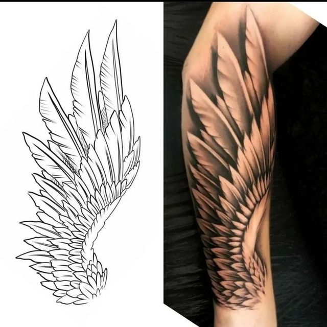 an arm tattoo with black and white lines on the left side of it, next to a drawing of a bird's wing