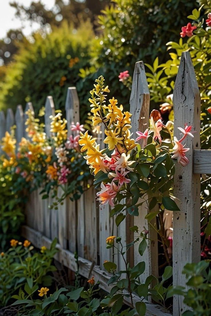 the flowers are blooming on the wooden fence