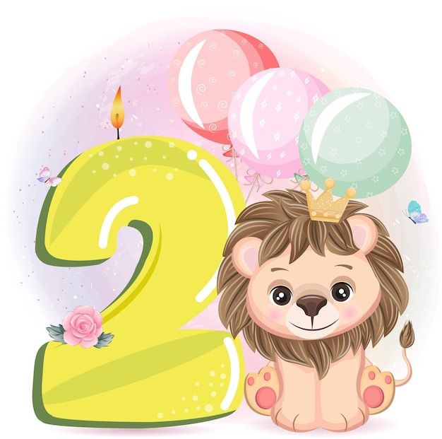 a lion is sitting next to a number two candle with balloons on the top of it