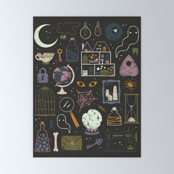 a black background with lots of different things on it, including a birdcage