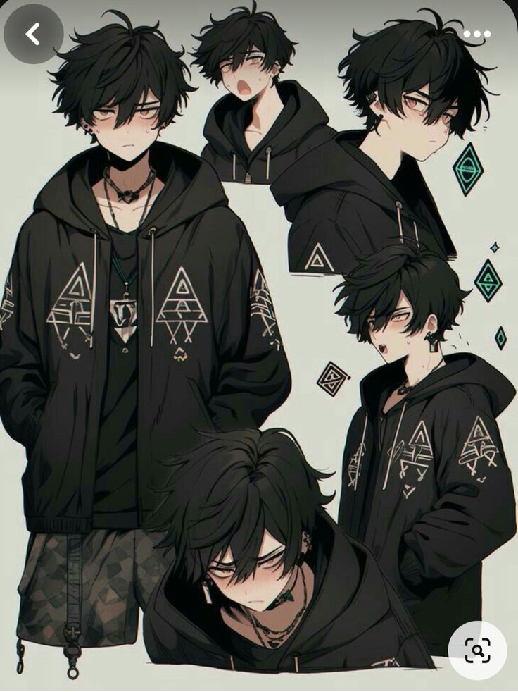 an anime character with black hair, wearing a hoodie and some piercings on his ears