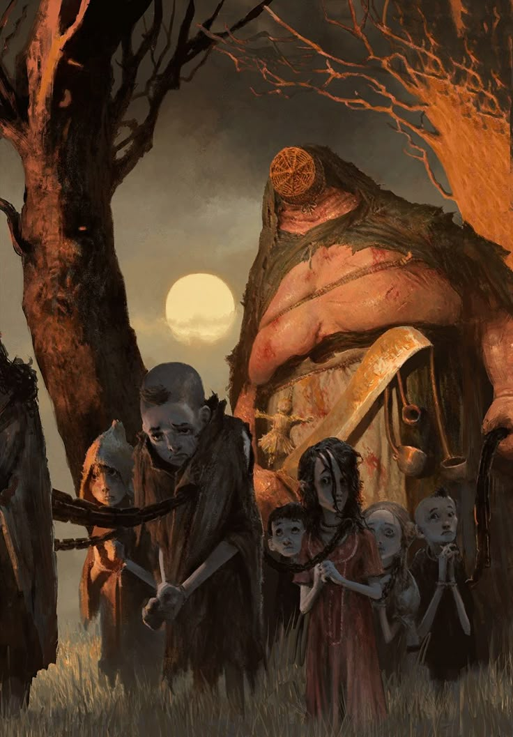 a group of people standing next to each other in front of a giant creature with many heads