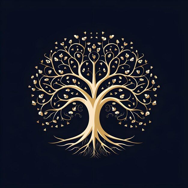 a golden tree with leaves on it's branches is shown in the middle of a black background