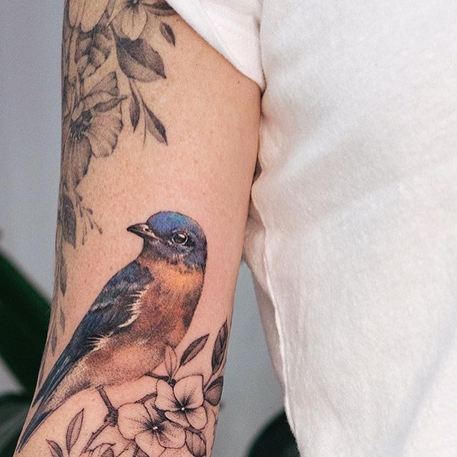 Ola Grigorev | tattoo artist on Instagram: "Floral extension for Amanda, thank you for coming from US, again! The top part done a year ago. I’m not a big fan of mixed techniques, but that colour on the bird looks so cute 🥰 flowerstattoo #bluebird #peonytattoo" Mountain Bluebird Tattoo, Eastern Bluebird Tattoo, Tattoo Ideas Animals, Moms Tattoo Ideas, Eldritch Tattoo, Fly Tattoos, Finch Tattoo, Blue Bird Tattoo, Blue Jay Tattoo