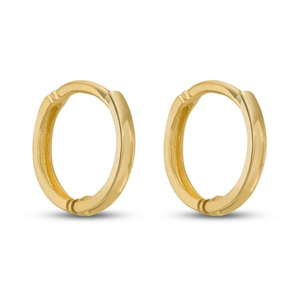 These beautiful children's huggie earrings feature a polished 14K yellow gold design and measure 10mm. The earrings safely secure with snap-lock backs. Classic Hypoallergenic Huggie Hoop Earrings, Classic Yellow Gold Hoop Clip-on Earrings, Formal Huggie Earrings, Classic Huggie 14k Gold Rings, Classic 14k Gold Huggie Rings, 14k Yellow Gold Clip-on Huggie Earrings, Hypoallergenic 14k Gold Small Hoop Huggie Earrings, Hypoallergenic Yellow Gold Huggie Jewelry, Hypoallergenic Small Hoop Huggie Earrings In 14k Gold